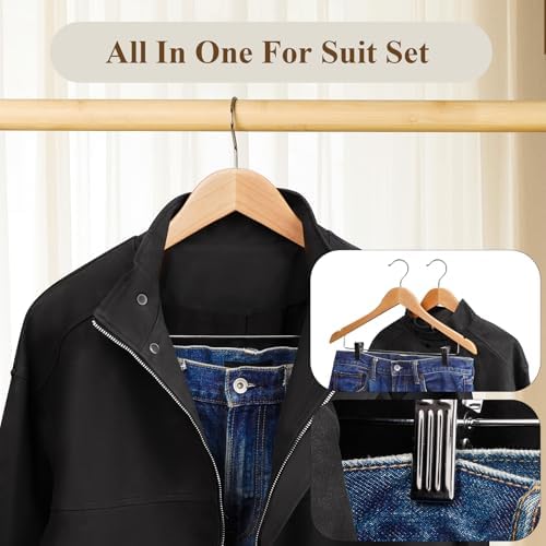 Wooden Hangers with Clips 24 Pack Wooden Pants Hangers,Skirt Hangers with Adjustable Clips,Hangers for Pants,Jeans,Slacks,Shorts（Natural）