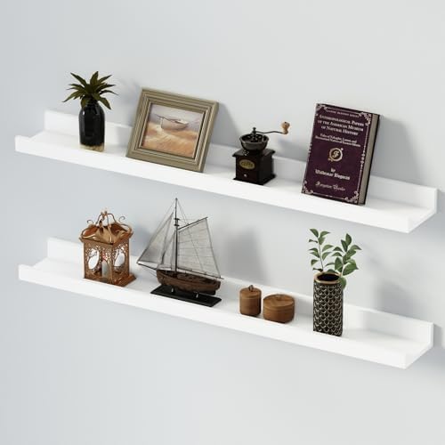 SAUMONIERES Picture Ledge Shelf Floating Book Shelves Set of 2 Wall Mounted Solid Wood for Bedroom Bathroom Living Room 