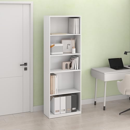 Hagen 5-Tier Bookshelf, 71 Inch Tall Bookcase, with Adjustable Shelves, for Living Room, Home Office, Study, White