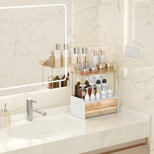Bathroom Counter Organizer with 2-Drawer, 3 Tier Makeup Organizer Countertop, Multi-Purpose Makeup Skin Care Organizer f