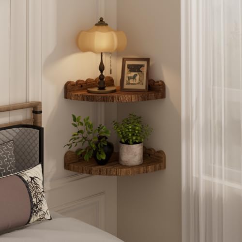 QsQueen Floating Shelves for Wall, 8.86 Inch Corner Scalloped Paulownia