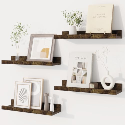Dreamland Picture Ledge Shelf for Wall, Floating Shelves Set of 4,16 inch Long Floating Shelves with Lip for Living Room,Bedroom,Bathroom,Kitchen,Rustic Brown