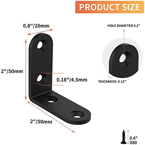 20 Pcs L Corner Brackets 2x2 Inch Black Heavy Duty L Bracket for Joint Right Angle Shelf Support Corner Braces for Shelv