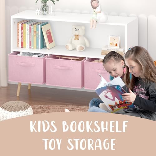 Girls Bookshelf Kids Bookcase with Collapsible Fabric Drawers, Pink Bookshelf Children's Book Display,Toy Storage Cabine