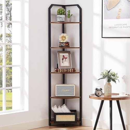 5 Tier Corner Shelf, Narrow Corner Bookshelf for Living Room,Bedroom, Brown