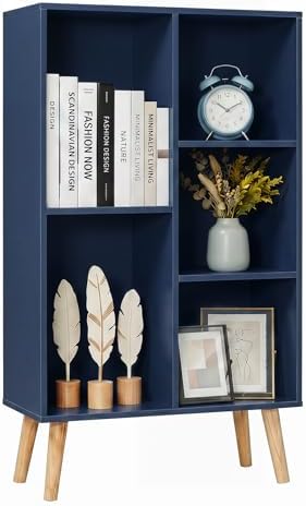 YAHARBO Small Dark Blue Bookshelf,3 Tier Modern Kids Bookcase with Legs,5 Cube Wooden Bookshelves Storage Shelf,Book She