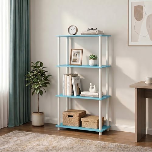 Furinno Turn-N-Tube Toolless Assembly Storage Shelves, 4-Tier Blue Book Shelf, Open Storage Bookshelf, for Organization 