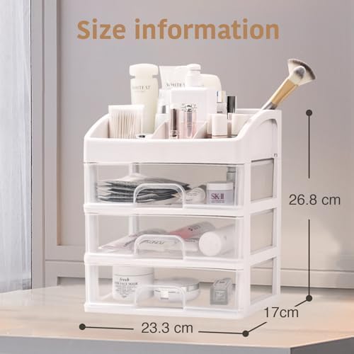 Makeup Organizer - Cosmetic Storage with 3 Drawers & Top Compartments - Durable PET ABS - White