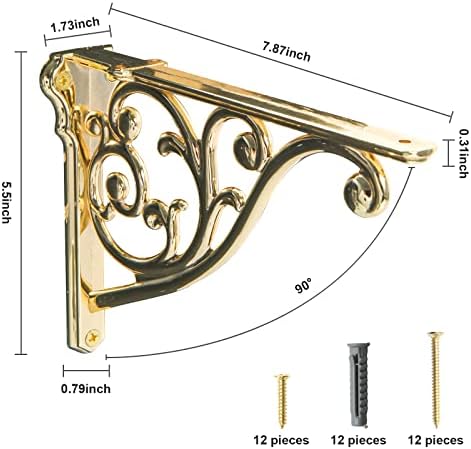 khtumeware Shelf Brackets 8 Inch 2pack Heavy Duty Gold Brass Wall Bracket Baroque Kitchen Decorative Rack Shelves, Inclu