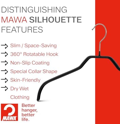 Narrow Petite Clothing Hangers by MAWA, Steel Hanger with Non-Slip Coating, for Shirts, Dresses, Suits, Camisoles, Jackets, 360-degree Rotatable Hook, Set of 10, Black