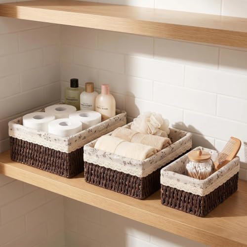 Wicker Woven Baskets With Liner, 3Packs Small Square Decorative Shelf Basket For Home Storage And Organizing (coffee)