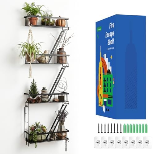 SweetSage Fire Escape Wall Shelf 4 Tier - NYC Decorative Floating Shelf Black Metal Book Shelves for Home Office Apartme