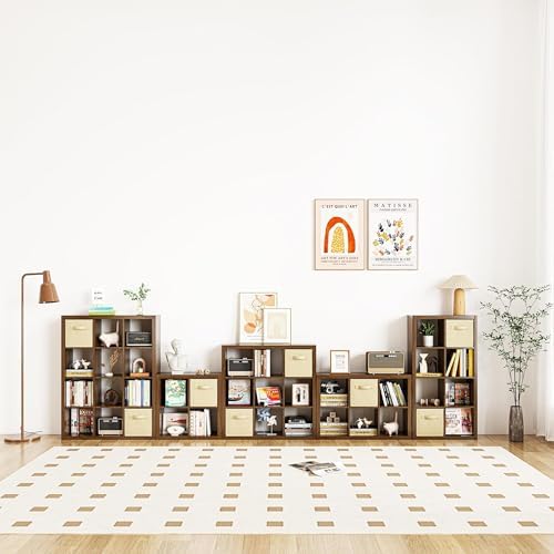 furtble Bookshelf with Storage Bins, 12-Cube Storage Organizer, Modern Wood Open Bookcase, Multifunctional Display Shelf