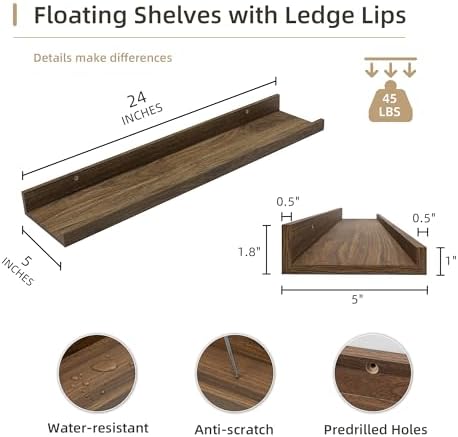 Acovy 24 inch Picture Ledge Shelf, Wood Floating Shelves Set of 4, Walnut