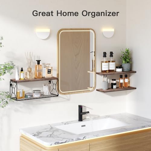 Amada Bathroom Shelves with Storage Basket, Set of 3, Rustic Brown