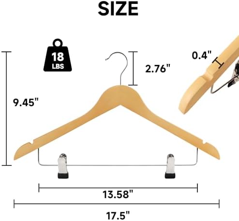 Wooden Hangers with Adjustable Metal Clips, 72-Pack, Natural