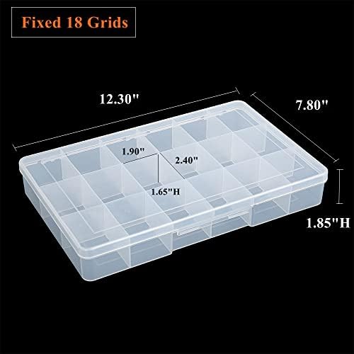 2 Pack Fixed 18 Grids Clear Plastic Compartment Container Case, Transparent Organizer Storage Divider Box with Lid for B
