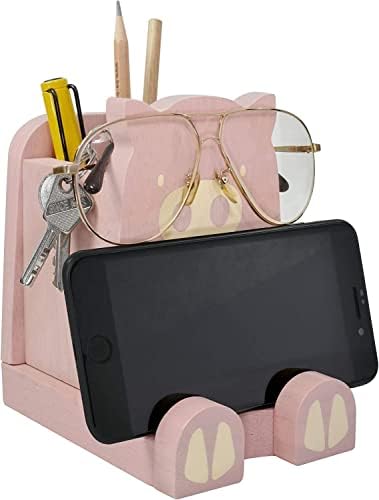 Wood Multipurpose Eyeglass Phone Pen & Pig Pencil Holder Stand Stationery Desk Box Organizer Accessories Decor, Home Office Desktop Decoration Birthday Graduation Gifts “Dream Big Aim High” (Piggy)