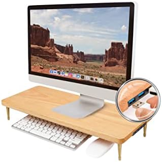 Wood Riser Monitor Stand with USB Ports Computer Stand w/Slot for Tablet & Cellphone Computer Riser w/Big Storage, Dual 
