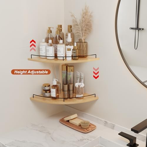 JJL Corner Shelf Wall Mounted, 12 Inches 2-Tier Floating Corner Shelf, Fan-Shaped Rustic Wood Decor with Fence, Natural 