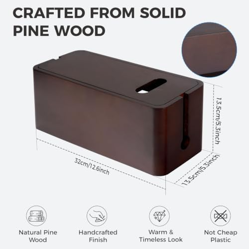 Large Wooden Cable Management Box, Cord Organizer for Power Strip, Surge Protector & Chargers, Ventilation Holes & Multi