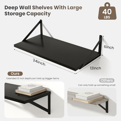 Marsmiles Deep Floating Shelves, 24'' x 12'' Black Wood Shelves Set of 2