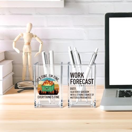 Everything's Fine Work Forecast Funny Acrylic Pencil Pen Holder Cup Set 2, Cute Pencil Holder Desk Organizer, Dumpster Fire Desk Accessories, Sarcastic Office Gifts for Women Men Coworkers
