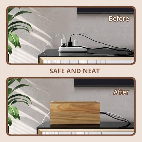 Acacia Wood Cable Management Box - Cable Organizer Box - 2 Open Slots Cords Hider Box - Under Desk Cord Organizer for Po
