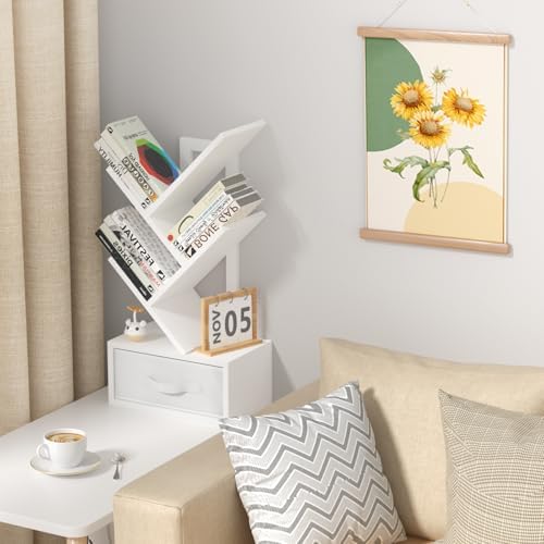 SHEEPAM 4-Tier Tree Bookshelf Small Bookcase with Drawer