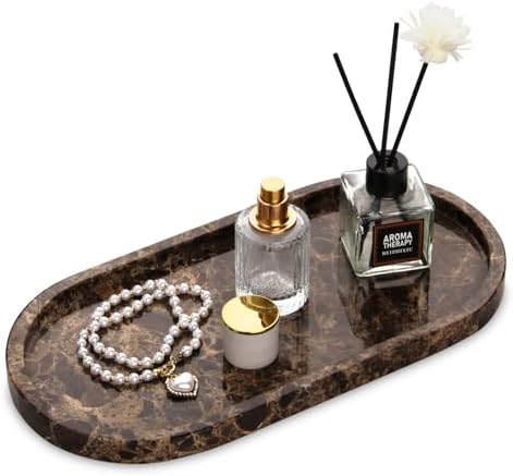 Oval Marble Bathroom Vanity Tray, Dark Brown, 12" x 6" x 0.8"