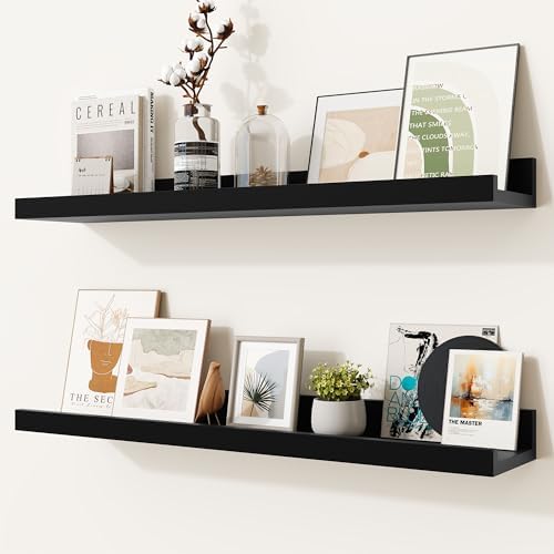 Heimlove Picture Ledge Shelf,24 inch Long Floating Shelves for Wall Set of 2,Black Picture Shelf with Lip for Wall Decor