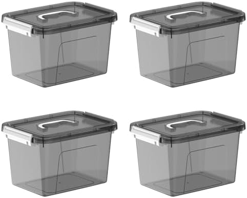 Clear Storage Bins with Lids 4 Pack, Stackable Plastic Storage Containers with Latching Lid, Transparent Black Storage B