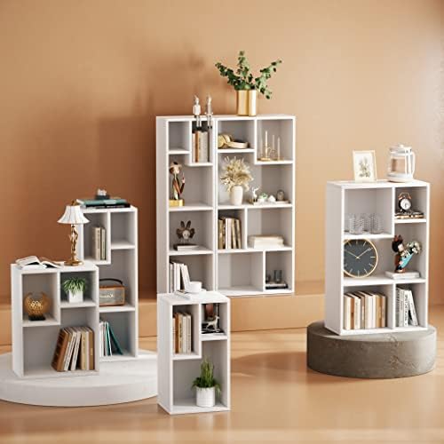 VECELO Modern White Bookshelf, 31.3" H Freestanding Open Cubby Storage Cabinet with Uneven Compartments, Narrow Bookcase