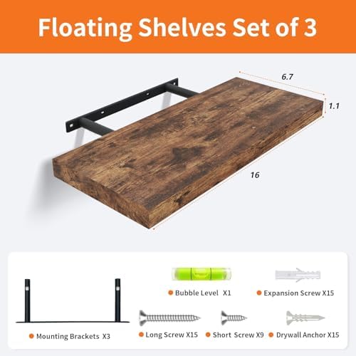 Floating Shelves for Wall Set of 3, 16" Rustic Brown Floating Shelves