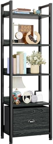 Furologee 5 Tier Bookshelf with Drawer, Tall Narrow Bookcase, Black Oak