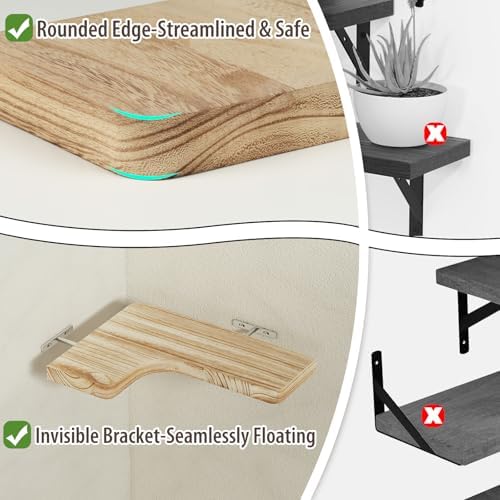 SAUMONIERES Corner Floating Shelves Wall Mount Shelf Solid Wood for Bedroom Bathroom Room Kitchen Storage Set of 3, Rust