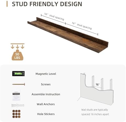Acovy 36 inch Picture Ledge Shelf, Wood Floating Shelves, Brown, Set of 2