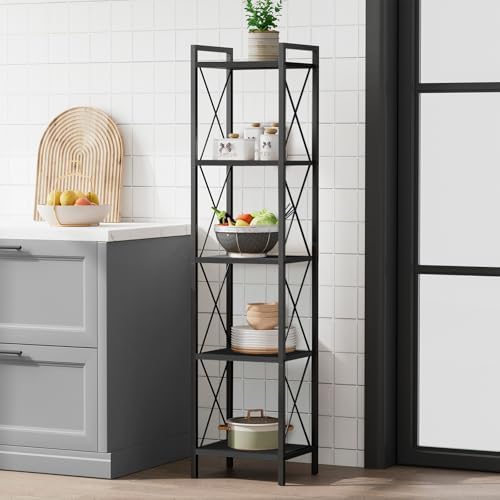Homhedy 5 Tier Small Bookshelf, Tall Narrow Bookcase, Metal Book Shelf