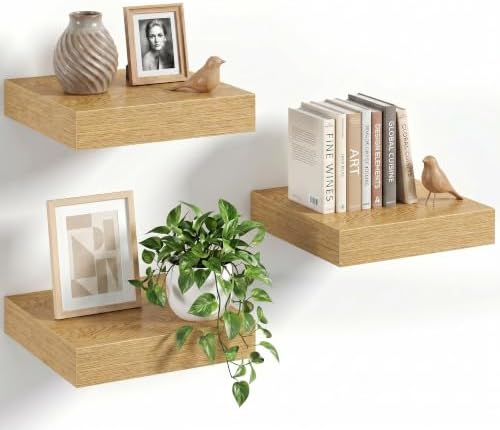 8" Long x 8" Deep Floating Shelves for Wall, Set of 3, 1.5" Thick, Oak
