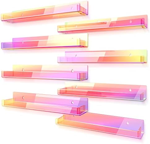 8 Pack 15 Inch Iridescent Acrylic Floating Wall Shelves, Rainbow Shelves
