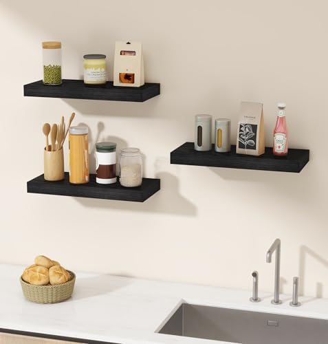 Vervida® Black Rustic Floating Wall Shelves 15in Set of 3 Hidden
