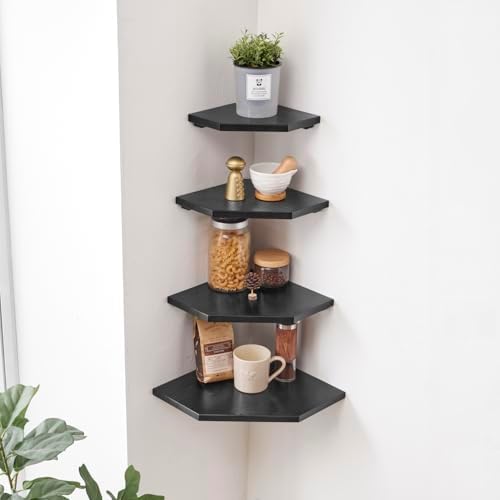 Corner Wall Shelves Set 2 Solid Oak Wood with Wire Hole Wall Mount,Black