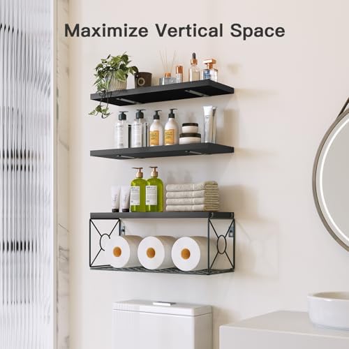 Amada Bathroom Shelves with Storage Basket, Set of 3, Black
