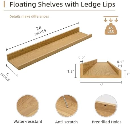 Acovy Picture Ledge Shelf, Wood Floating Shelves Set of 4, 24 inch Picture Ledge Shelves, Photo Ledge Nursery Book Shelves Wall Mounted for Living Room Kids' Room Bedroom, Color Oak