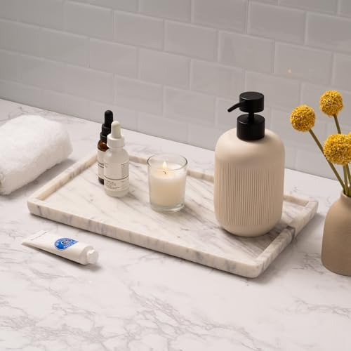 Cork & Mill Marble Tray for Bathroom Vanity, White, Large 13 x 7.5 Inch