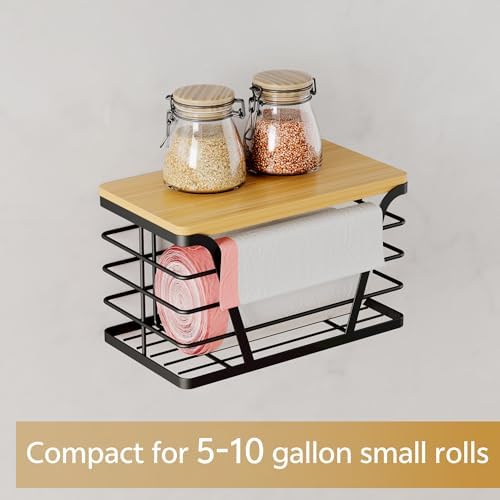 TIDIIABODE Small Grocery Bag Holder, Trash bag holder with Removable Bamboo Top, Wall Mount, No Drill, Stainless Steel, 