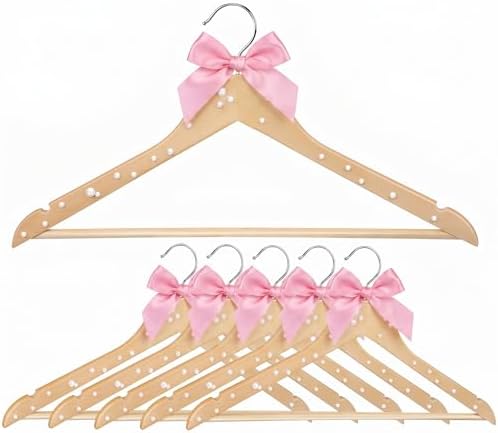 Wonderjune Blush Pink 10 Pcs Bride Hanger for Wedding Bride Groom Bridesmaid Ribbon Bow Pearl Hanger Wood Color Elegant Wooden Dress for Bridal Shower Tuxedo Photo Keepsake Party Gift (Pearl Bow)