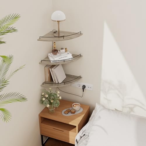 JJL Corner Shelf Wall Mounted, 12 Inches 3-Tier Floating Corner Shelf, Fan-Shaped Rustic Wood Decor with Fence, Gray Woo
