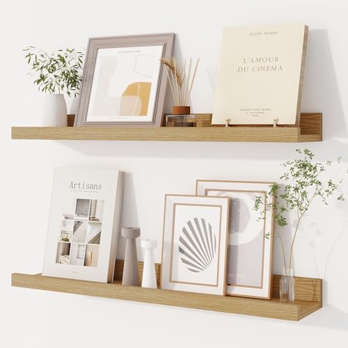 Dreamland Picture Ledge Shelf for Wall, Floating Shelves Set of 2, 24 Inch Long Floating Shelves with Lip for Living Room, Bedroom, Bathroom, Kitchen, Oak