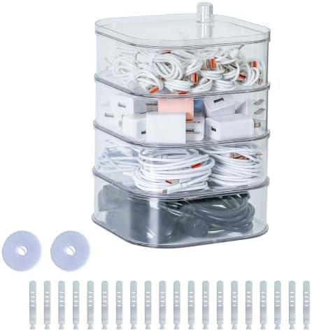 Large Charger Cable Storage Box with Lid, 4-Tiers, Clear